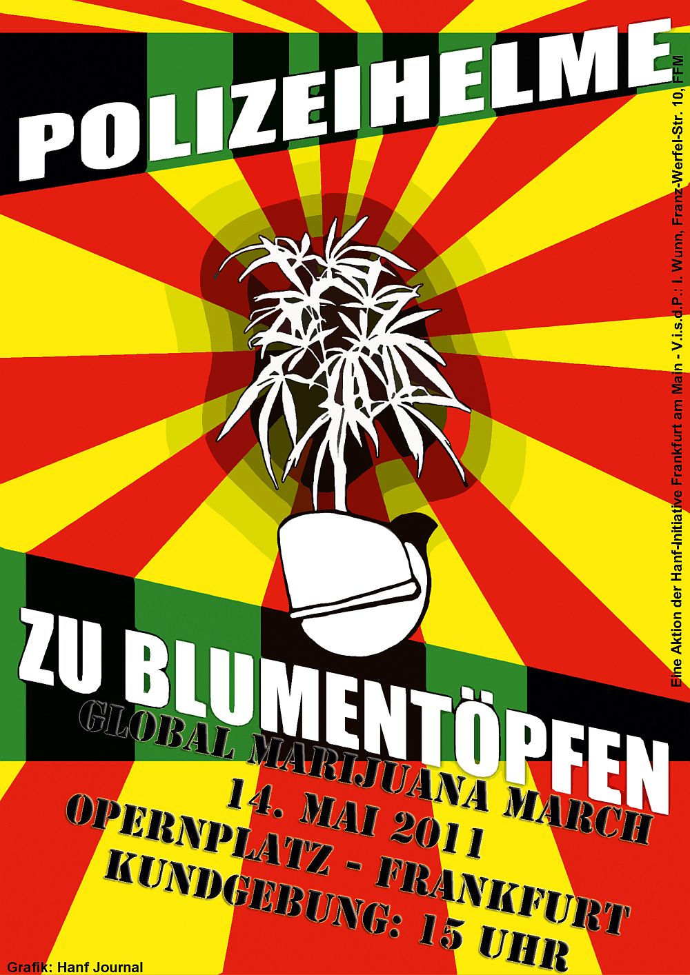 Poster- und Flyermotiv zum Global Marijuana March am 14. Mai 2011 in Frankfurt am Main - Polizeihelme zu Blumentpfen
